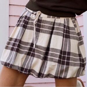Aerie Plaid Bubble Mini Skirt in Brown, Cream, and Pale Pink, L